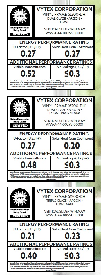 Here are common efficiency ratings for the Vytex Potomac HP windows.