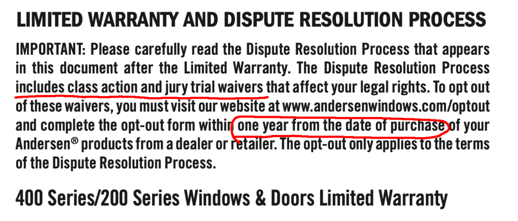 Andersen 200 Series warranty restrictions and limitations.