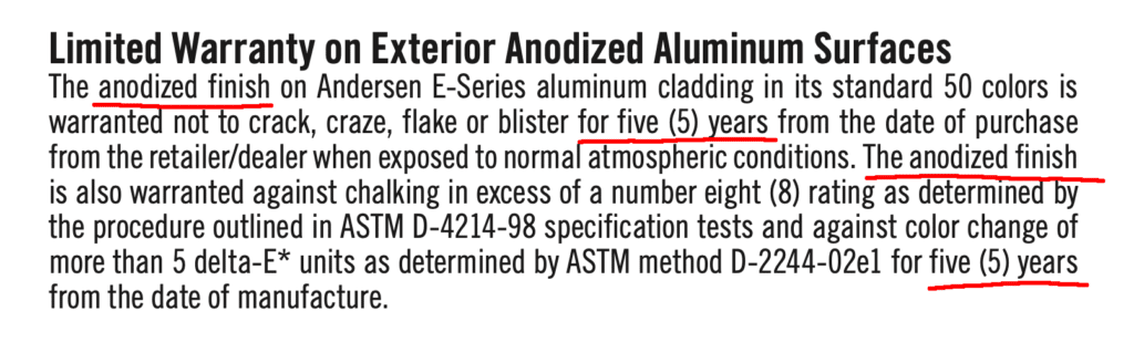 Andersen E-Series windows anodized color warranty.