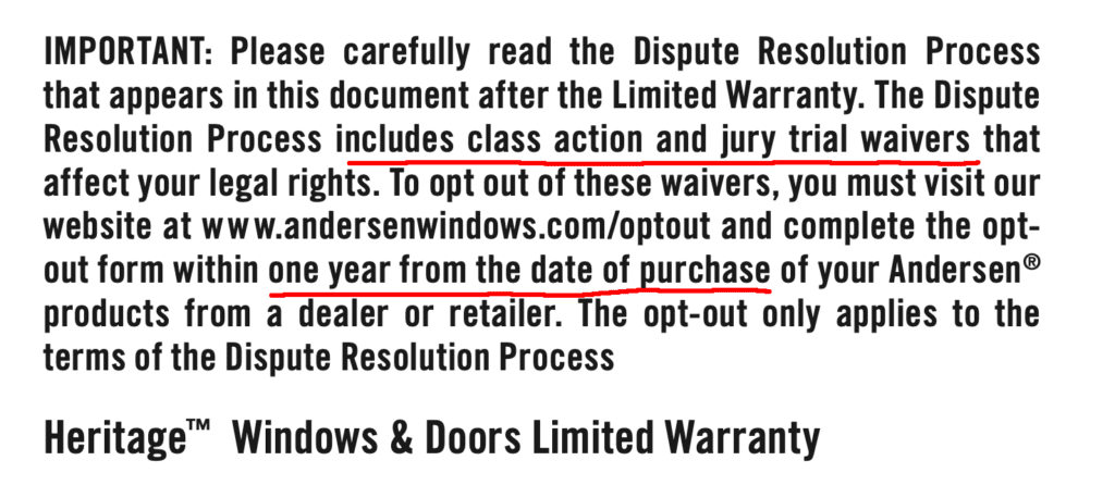 Important opt-out clause in the Andersen windows warranty.