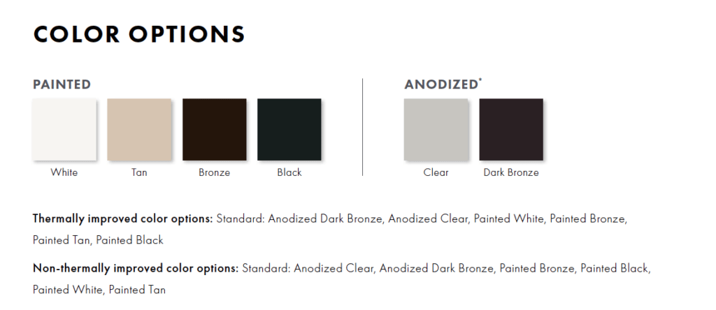These are the available color options for the Heritage windows.